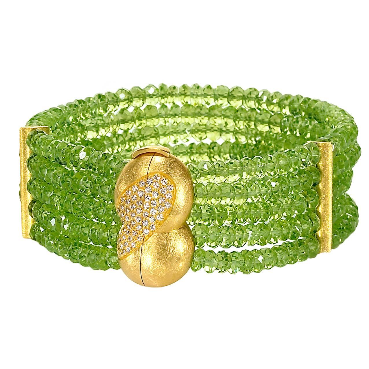 Eva Steinberg Germany Green Peridot Diamond Multistrand Artisan Bracelet For Sale
