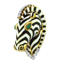David Webb Enamel Emerald Diamond 18K Gold Platinum Zebra Brooch