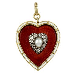 Antique Enamel, Diamond and Pearl Heart Drop