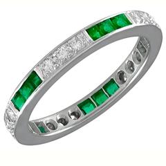Retro  Emerald Diamond Platinum Eternity Band Ring