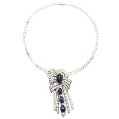 1950s French Cabochon Sapphire Diamond Platinum Necklace 3
