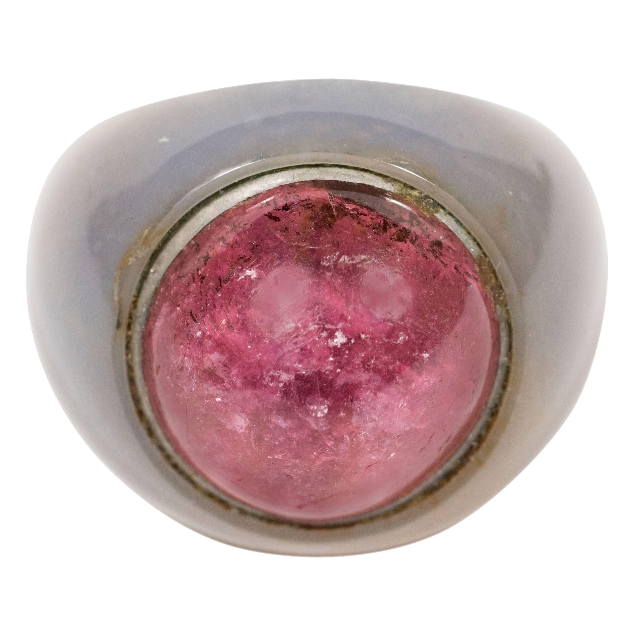 Sophisticated Mid-Century Modernist Hardstone and Pink Tourmaline Ring