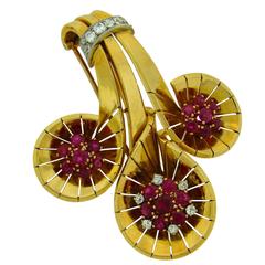1942 Cartier Ruby Diamond Gold Clip Pin Brooch 1