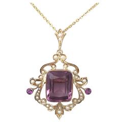 11.09Ct Amethyst and Pearl, 9k Yellow Gold Pendant - Antique Circa 1910 11