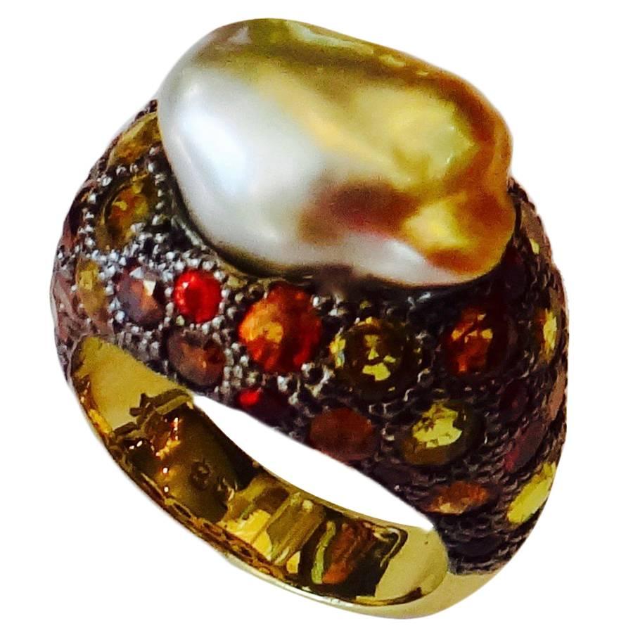Michael Kneebone Baroque Maluka Pearl Sapphire Diamond Gold Dome Ring