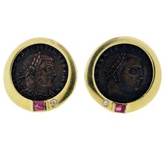  Ruby Diamond Gold Classically Styled Ancient Bronze Coin Earrings