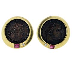 Ruby Diamond Gold Classically Styled Ancient Bronze Coin Earrings