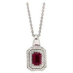 Emerald Cut .70 Carat Ruby Diamond Gold Pendant Necklace 10