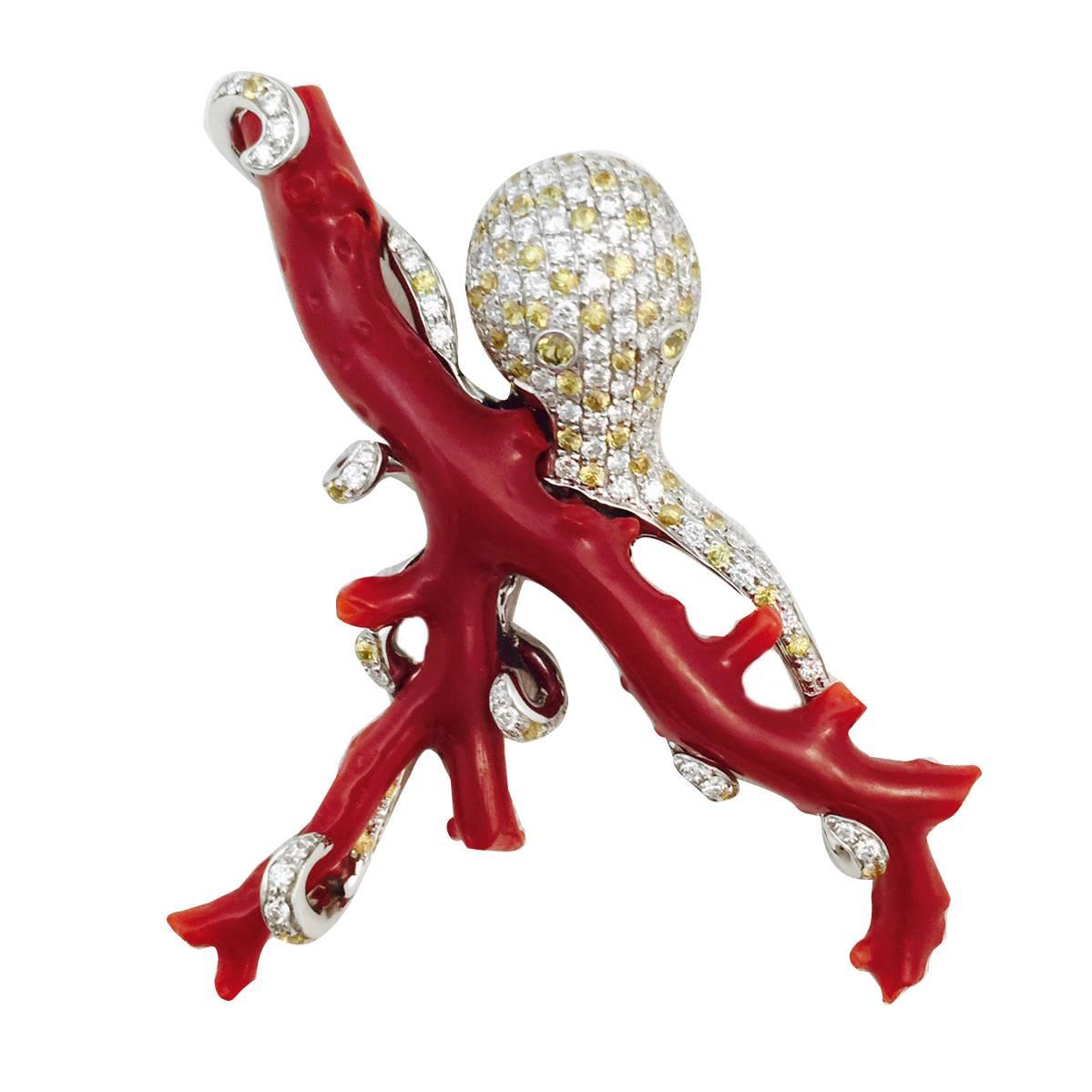 Karina Brez Natural Oxblood Coral and Diamond Octopus Pendant For Sale