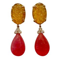 Carved citrine rhodocrosite diamond drop earrings