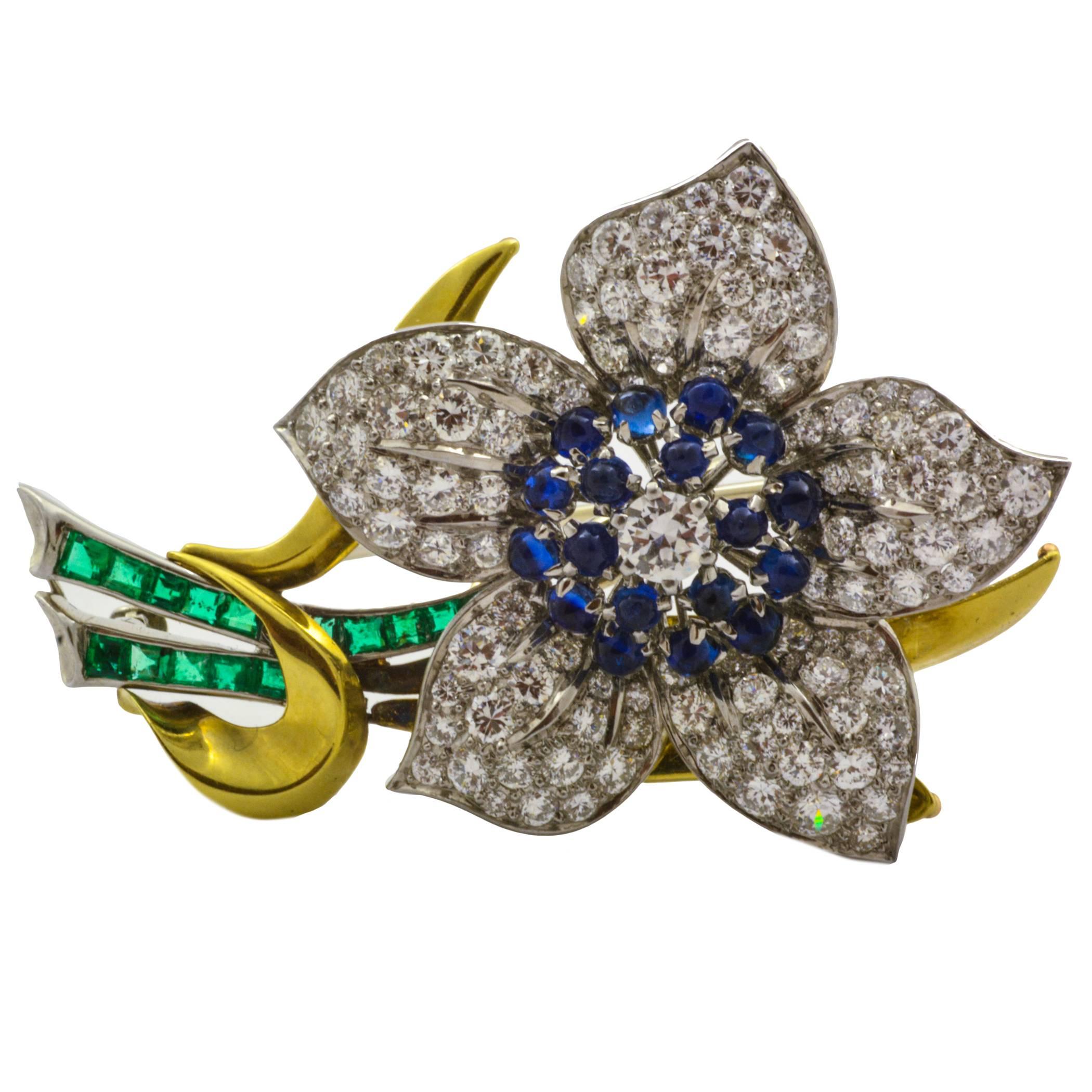 Sapphire Emerald Diamond Gold Platinum Flower Brooch