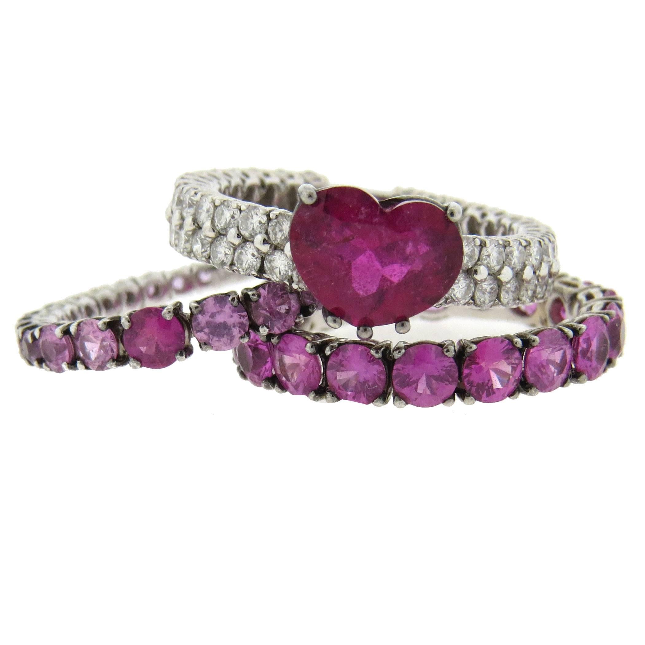 Marco Valente Sapphire Rubellite Diamond Gold Stackable Ring Set 