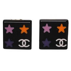 Chanel Black Star Square Clip On Earrings 05A