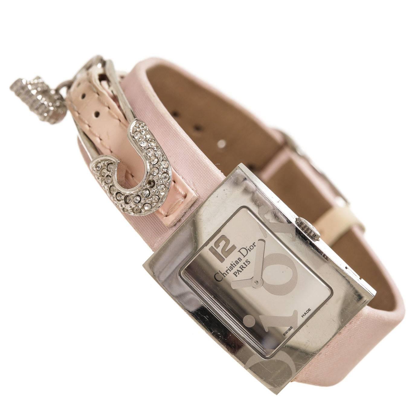 Christian Dior Stainless Steel and Pink Satin Watch For Sale