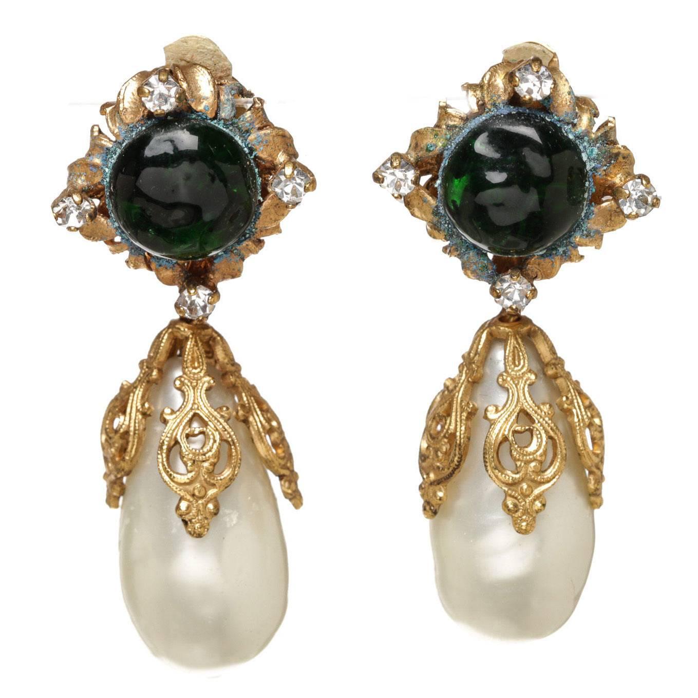 Chanel Gold and Green Jeweled Pearl Drop 94A Clip On Earrings