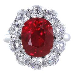 5.04 Carat GIA Cert Burma Ruby Diamond Platinum Cluster Ring