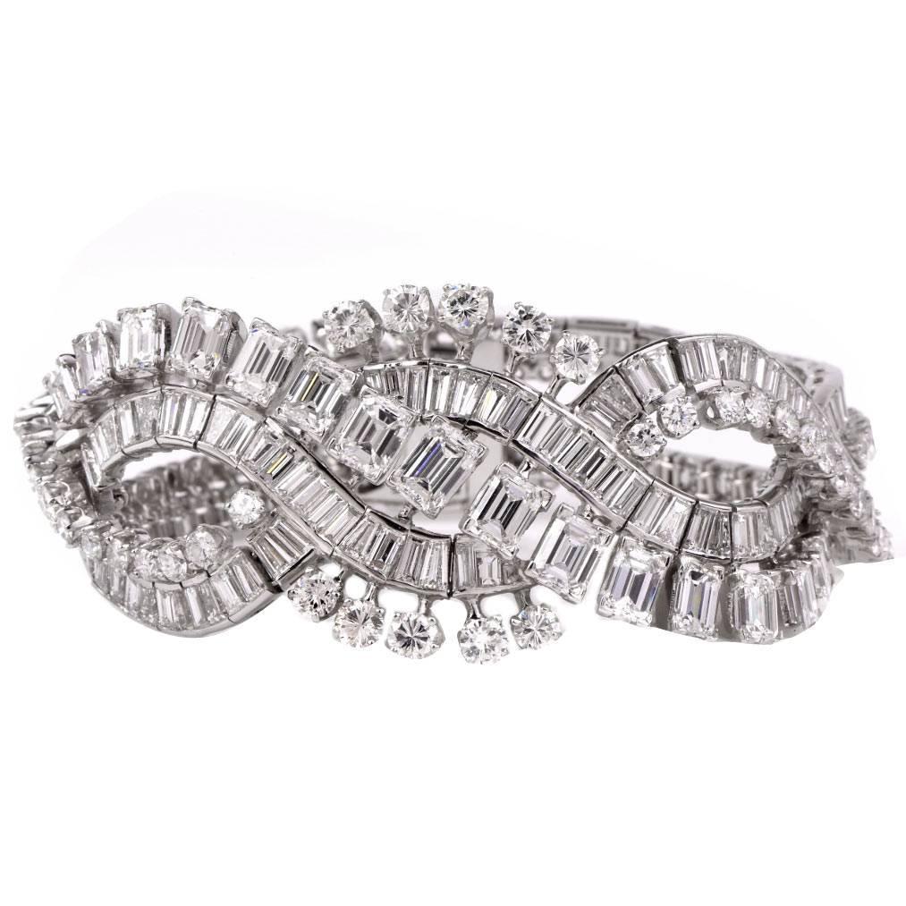 Retro Wide Emerald Cut and Round Diamond Platinum Bracelet For Sale at