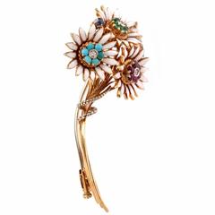 Enamel Multigem Gold Floral Bouquet Pin Brooch Enamel Multigem Gold Floral Bouquet Pin Brooch