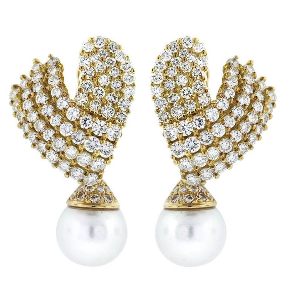 Diamond Gold Cluster Earrings with South Sea Pearl Drops