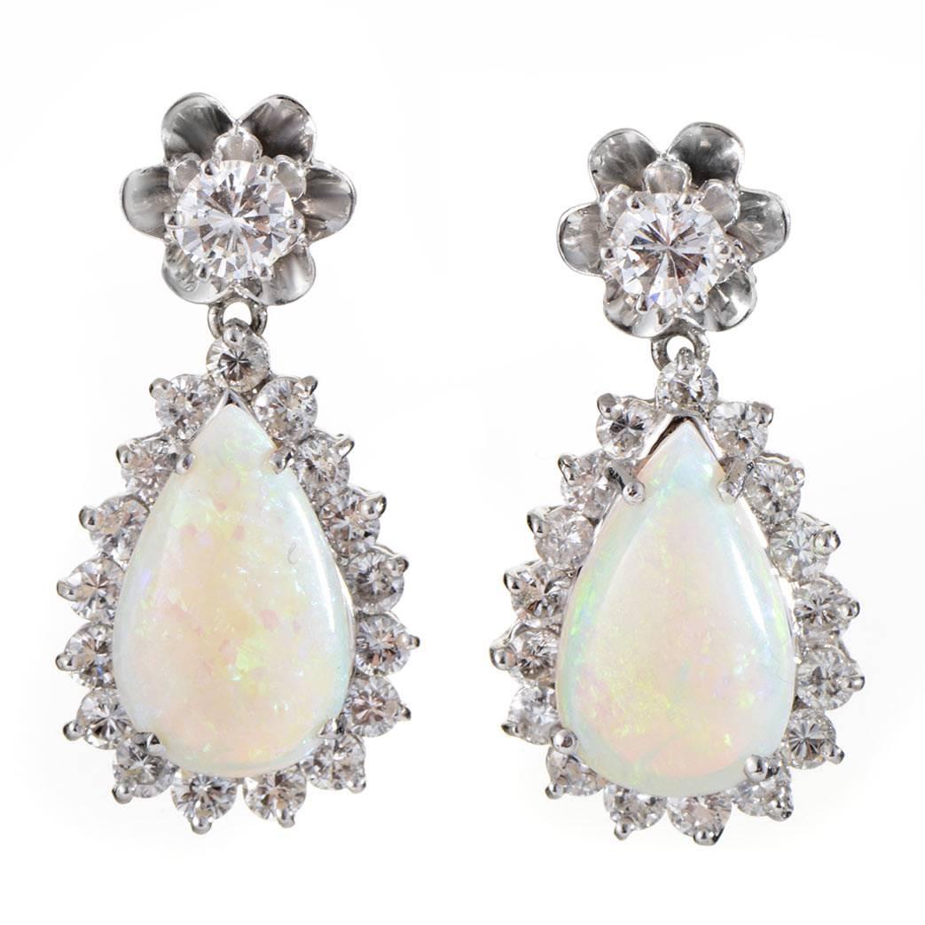White Gold Diamond and Opal Dangle Earrings