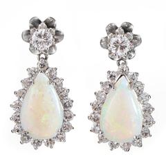 White Gold Diamond and Opal Dangle Earrings