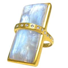 Lauren Harper Colorful Rainbow Moonstone Diamond Bar Matte Gold Ring
