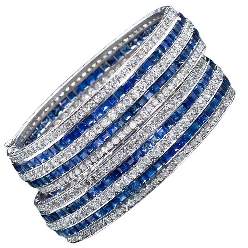 Pair of Twin Art Deco Diamond Sapphire Bangle Bracelets 65 Carat