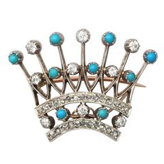 2.40Ct Diamond & Turquoise, 12k Yellow Gold 'Crown' Brooch - Antique Victorian