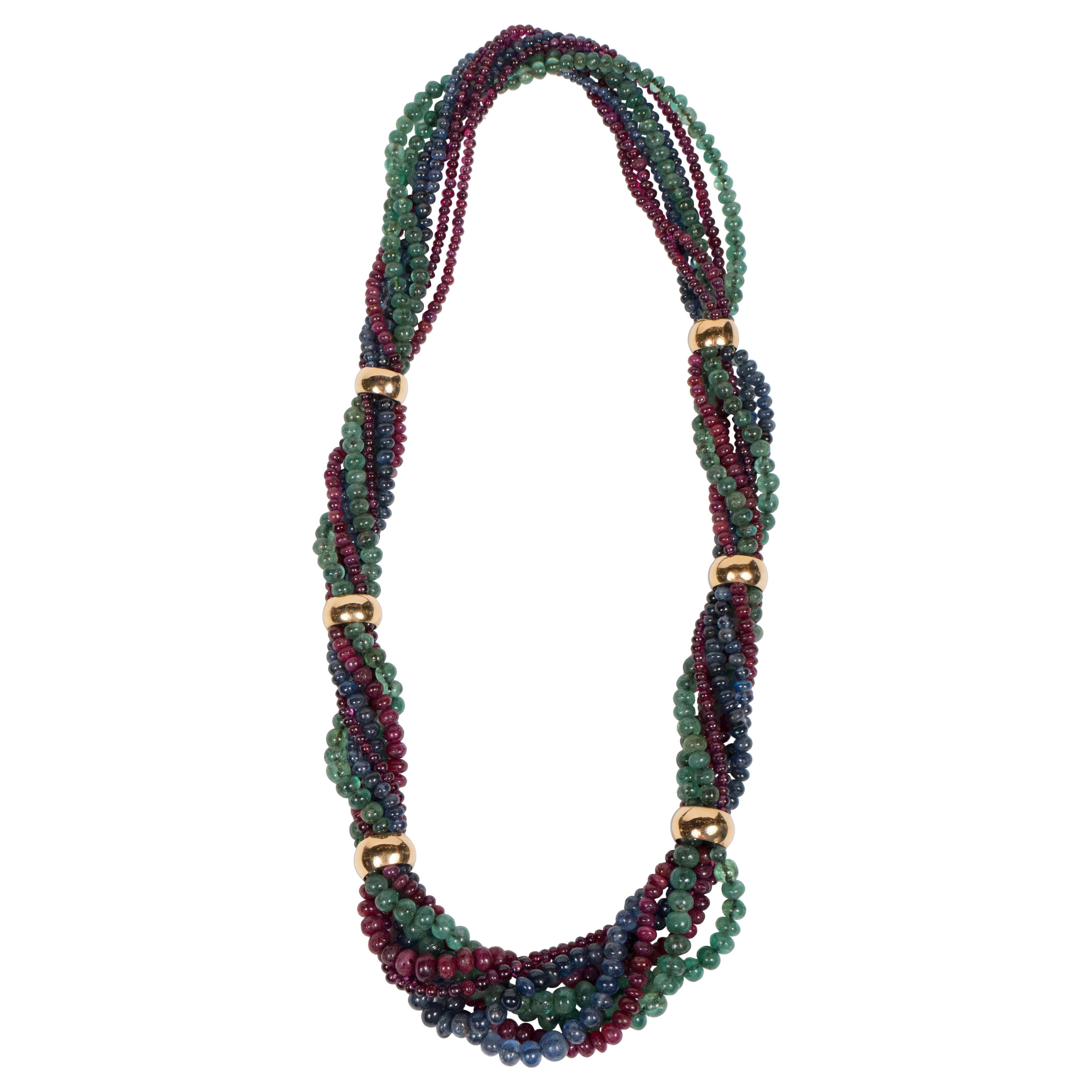 Exquisite French Mid-Century Sapphire Ruby Emerald Gold Necklace