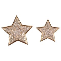 Van Cleef & Arpels Two Diamond Gold Star Design Clip Brooches 