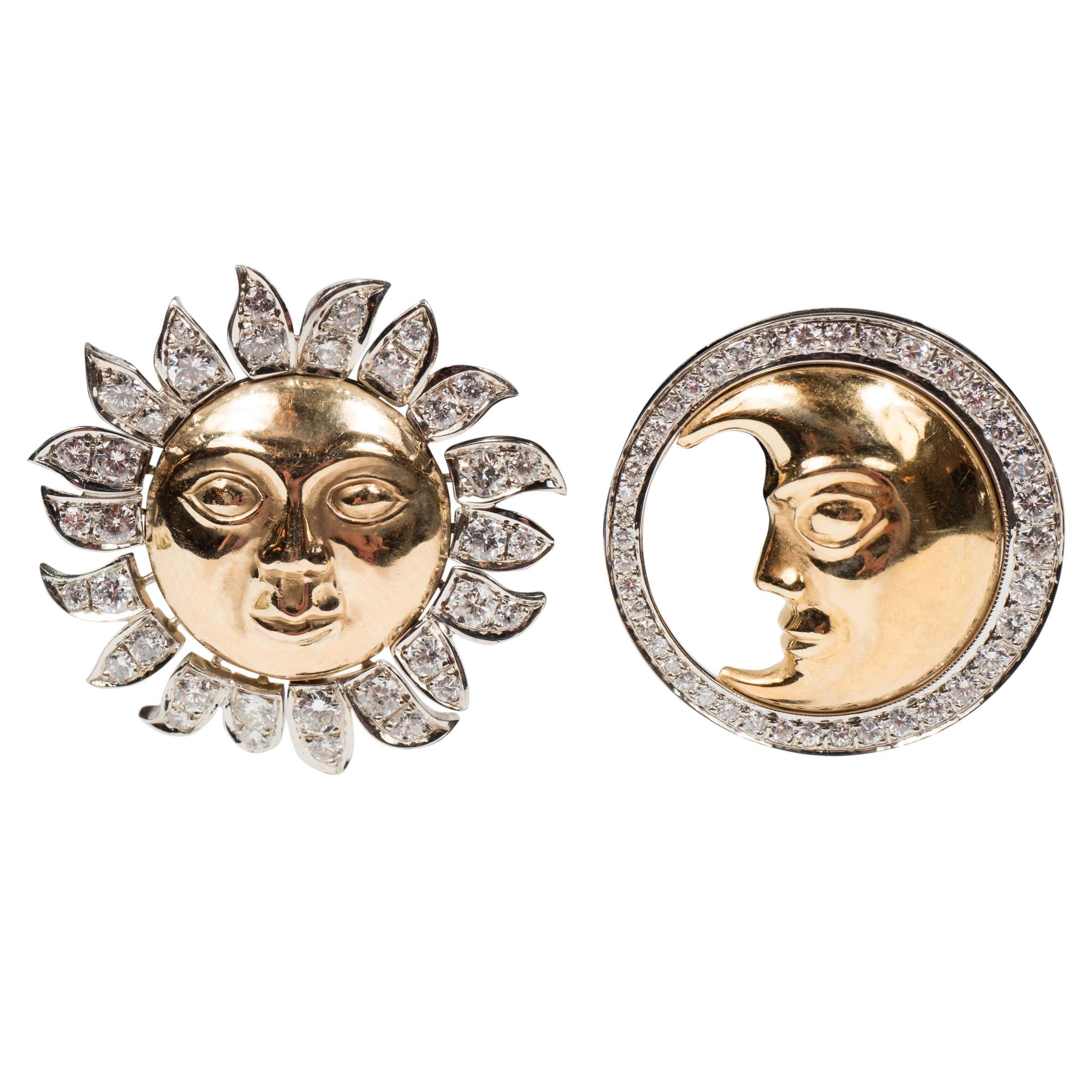  Demner Diamond Two-Color Gold Sun and Moon Earrings 