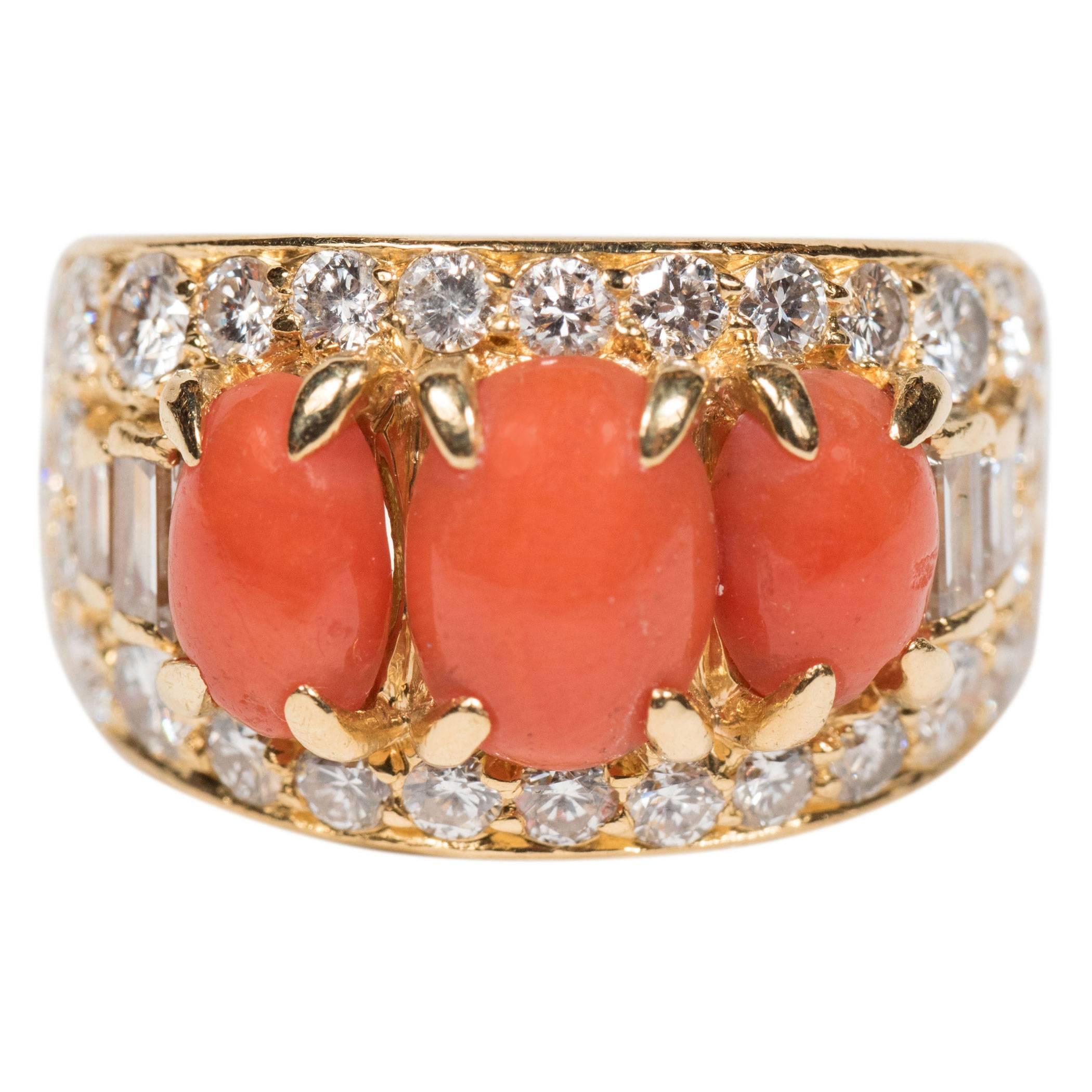 Bulgari Mid-Century Modernist Coral Diamond Gold Ring
