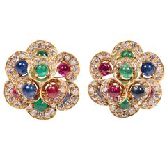  Exquisite Bulgari Diamond, Emerald, Sapphire, and Ruby Gold Ear-Clip Earrings