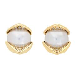 18 Karat Yellow Gold Pave Set White Diamond 8mm Akoya Pearls Stud Earrings