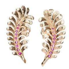 Tiffany & Co. Ruby Gold Feather Motif Earrings