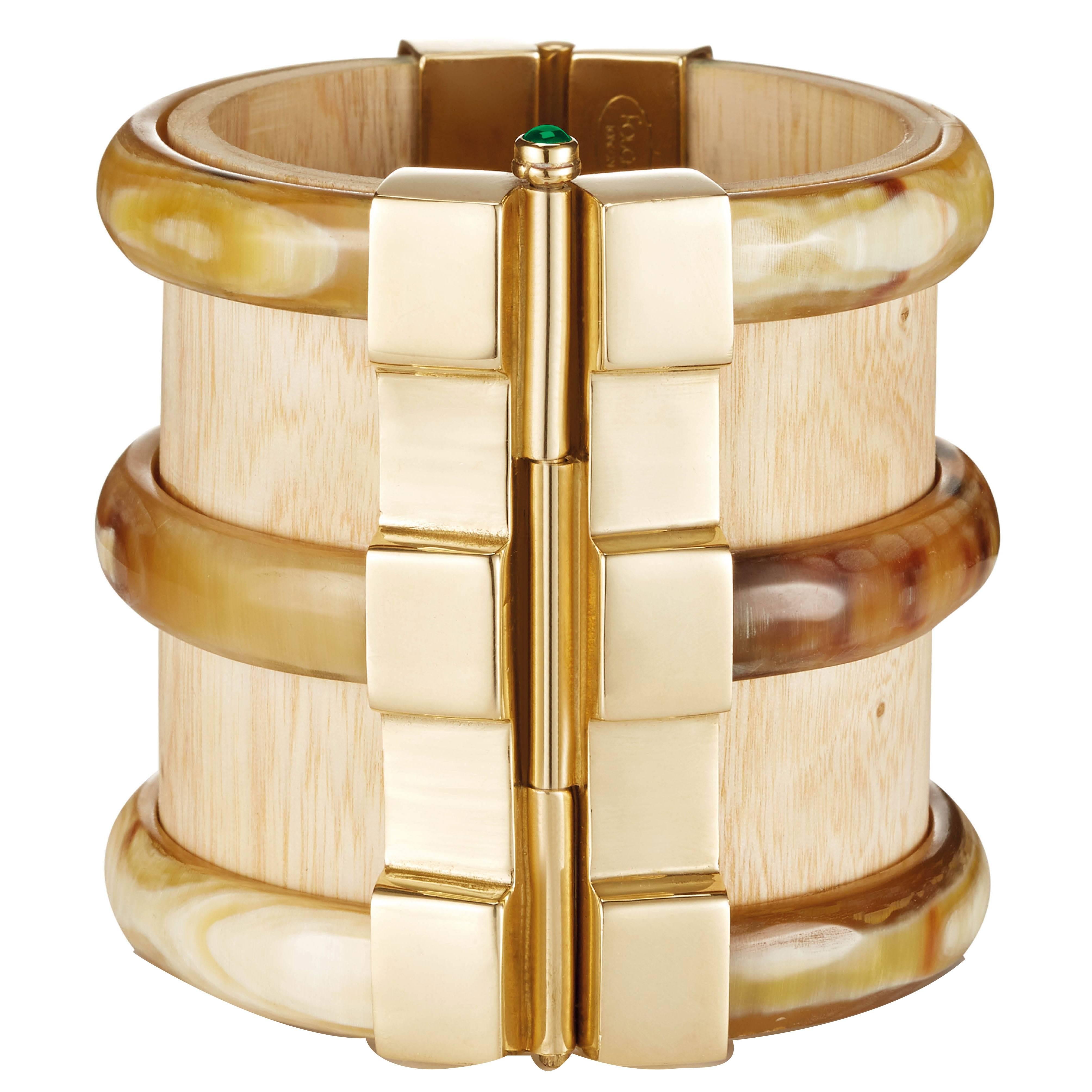 Fouche Horn Wood Emerald Ruby Fire Opal Gold Cuff Bracelet