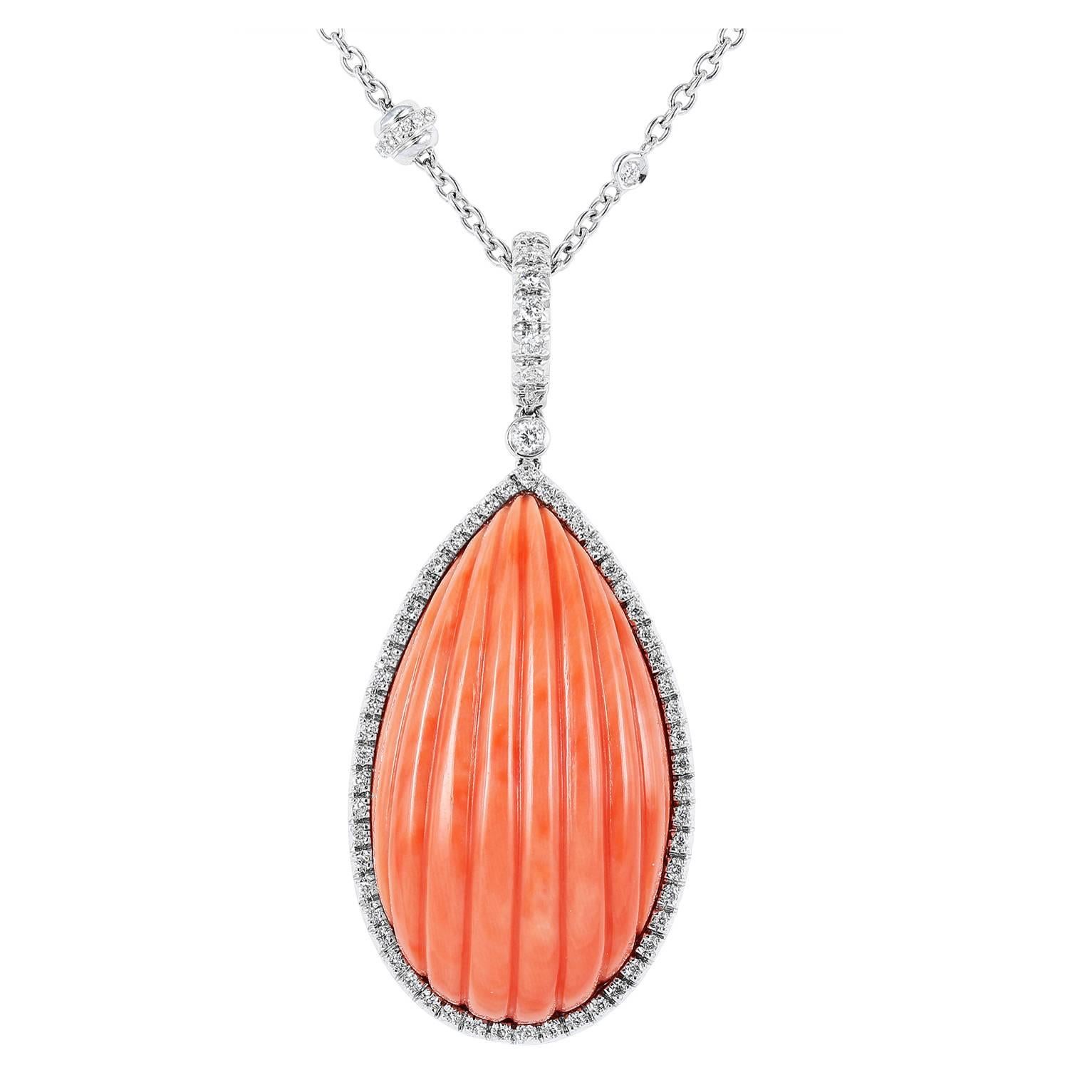 Carved Coral Diamond Gold Pendant