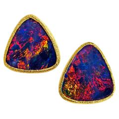 Devta Doolan Unique Fire Red Violet Opal Doublet Handmade Gold Stud Earrings