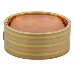 Three Color Gold Striped Hinged Bangle Bracelet