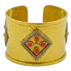 Vintage Coral Diamond Gold Hammered Cuff Bracelet