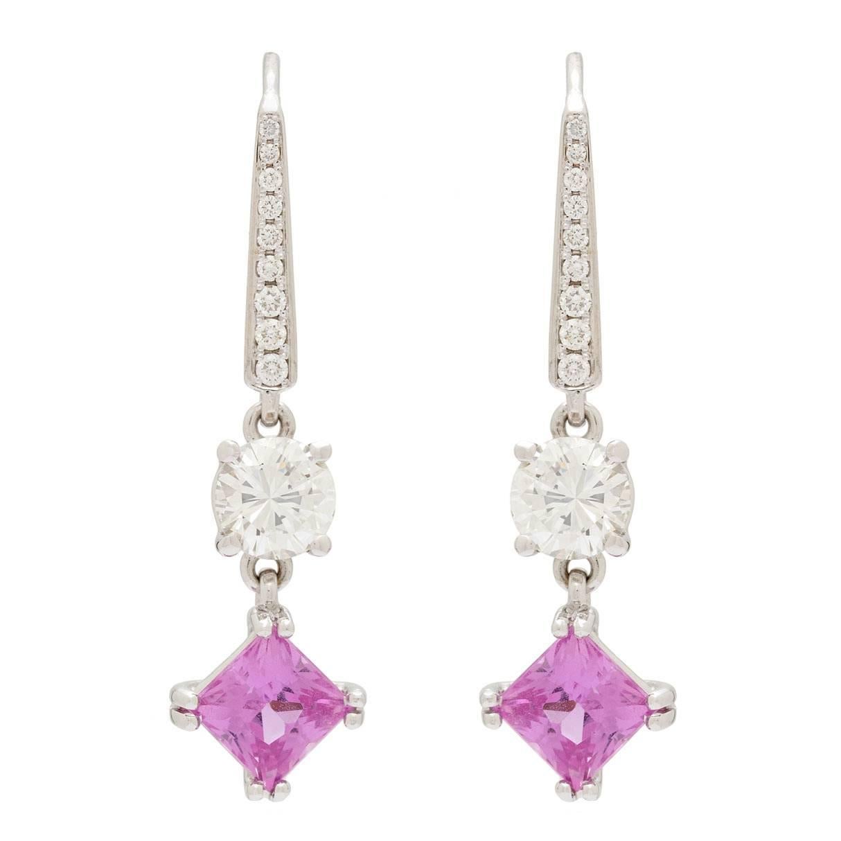 2.33 Carats GIA Cert Purplish-Pink Sapphires Diamond Gold Drop Earrings