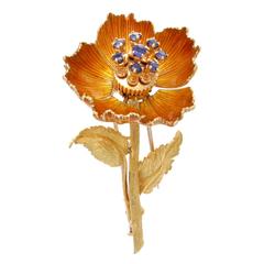 Retro French Sapphire Enamel Gold Flower Brooch
