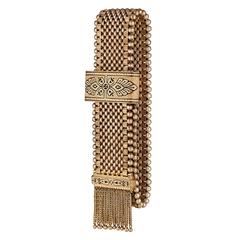 Mid-Century Enamel Gold Mesh Bracelet with Fringe