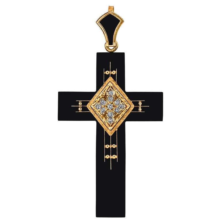 Victorian Black Onyx Diamond Gold Cross For Sale