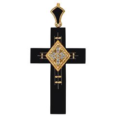 Victorian Black Onyx Diamond Gold Cross 