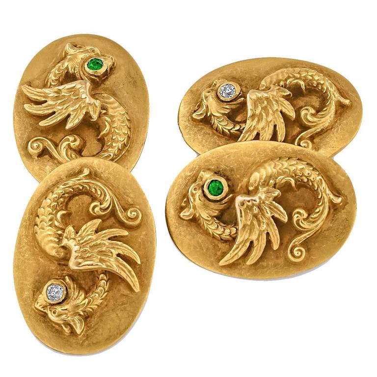 Art Deco Emerald Diamond Gold Dragon Cufflinks at 1stDibs