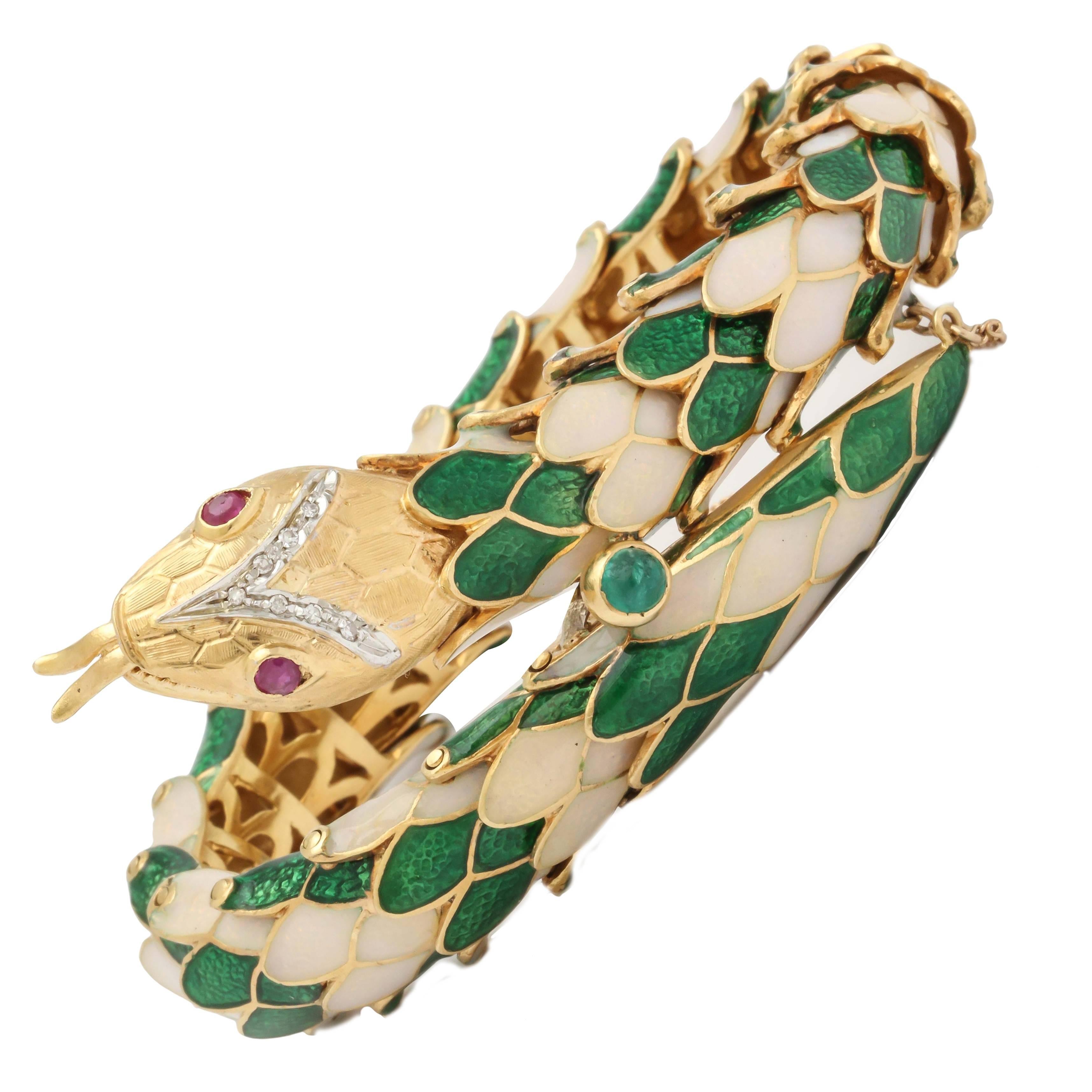 1950s Green and White Enamel Diamond Gold Flexible Serpent Bracelet
