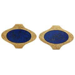 1960s Oval Cut Lapis Lazuli Textured Gold Large Cufflinks