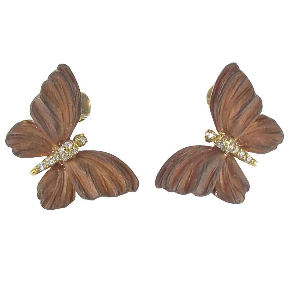 Rose Enamel Diamond Gold Butterfly Earrings For Sale