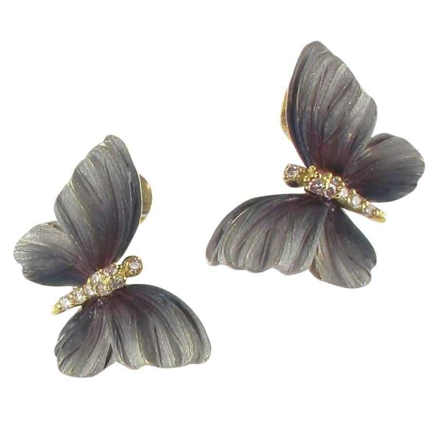 Art Nouveau Style Enamel Diamond Gold Butterfly Stud Earrings For Sale